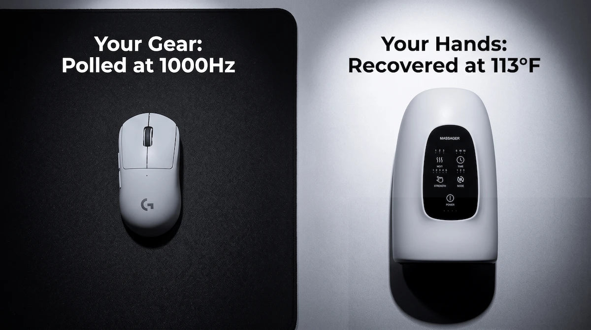 Elevaure heated hand massager placed next to competitive esports gaming mouse.
