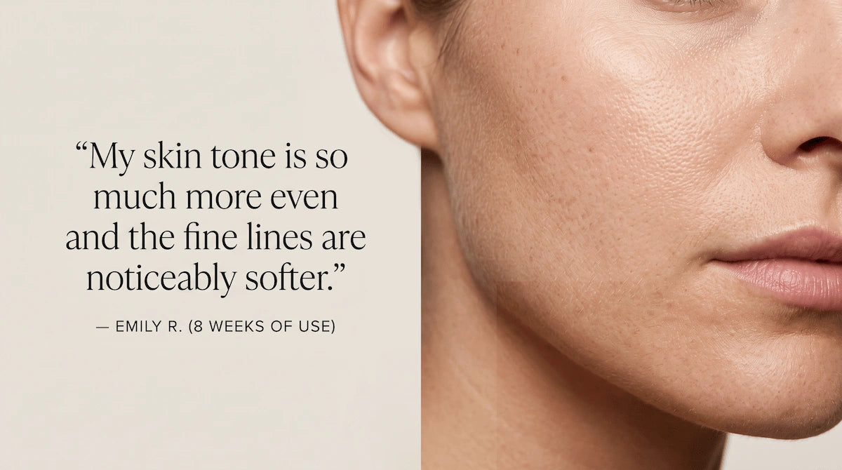 Extreme close-up of a woman's cheek showing even skin tone and soft texture after 8 weeks of 7-color LED light therapy.