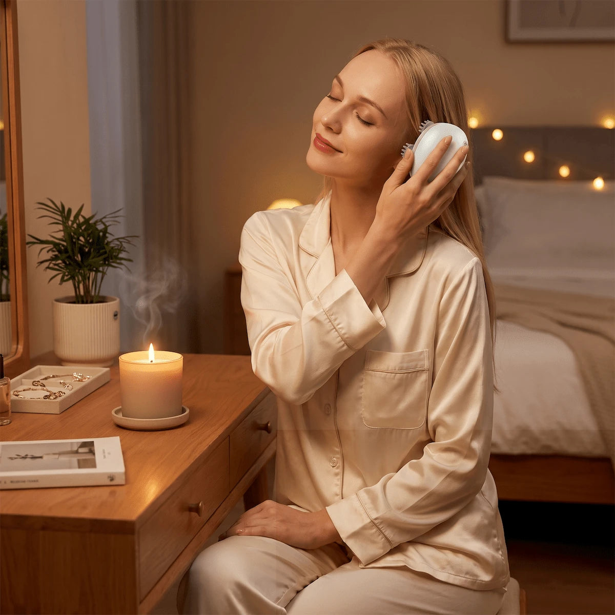 Woman relaxing at her vanity in the evening using an electric scalp massager to relieve stress and tension.