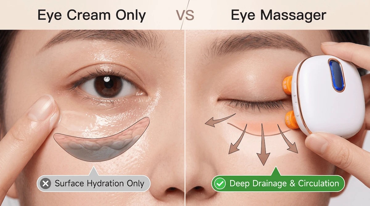 Comparison showing that eye cream provides surface hydration while an eye massager provides deep lymphatic drainage and circulation.