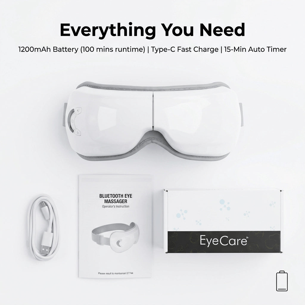 ELEVAURE Smart Eye Massager package contents — device, USB charging cable, and instruction manual
