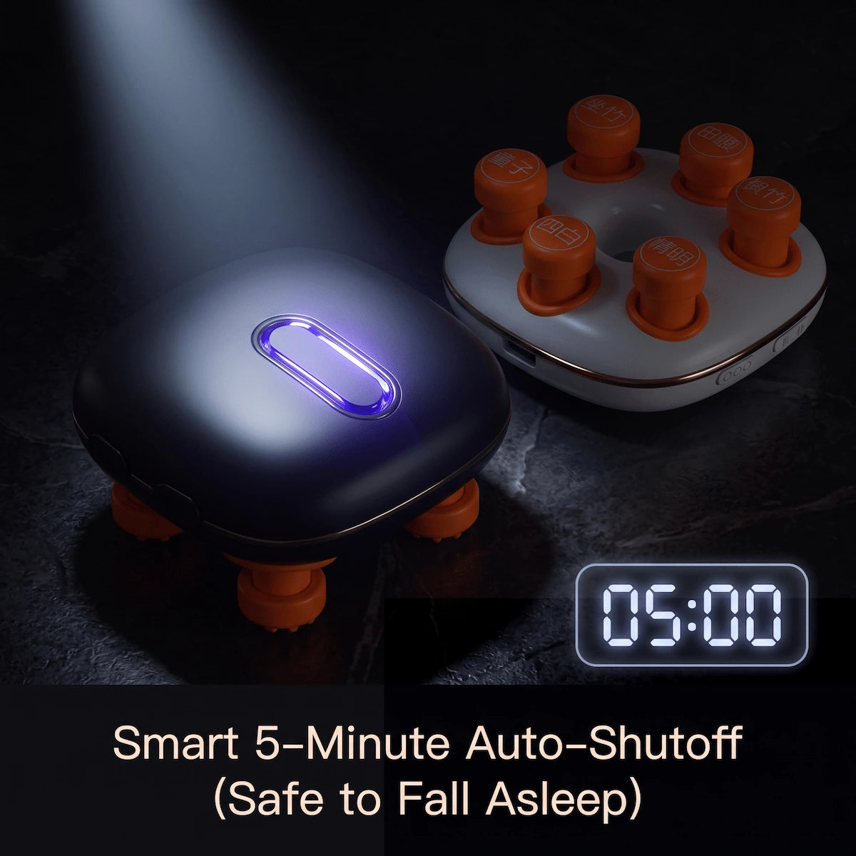 Close up of the Elevaure eye massager highlighting its 5-minute auto-shutoff feature, ensuring safety if you fall asleep during use.
