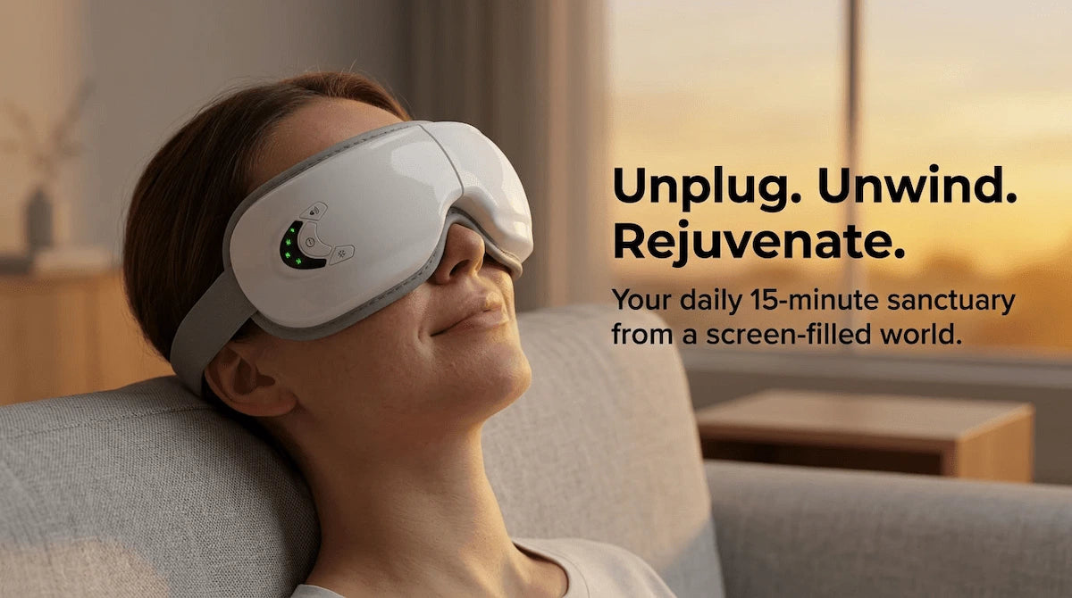 Person relaxing on a couch with a wearable eye relaxation mask.