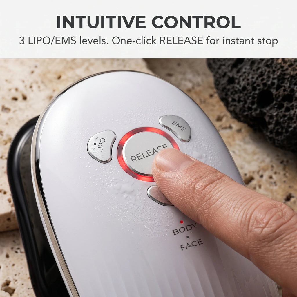 Intuitive LED control panel of the cellulite reduction machine featuring 3 adjustable LIPO and EMS intensity levels.