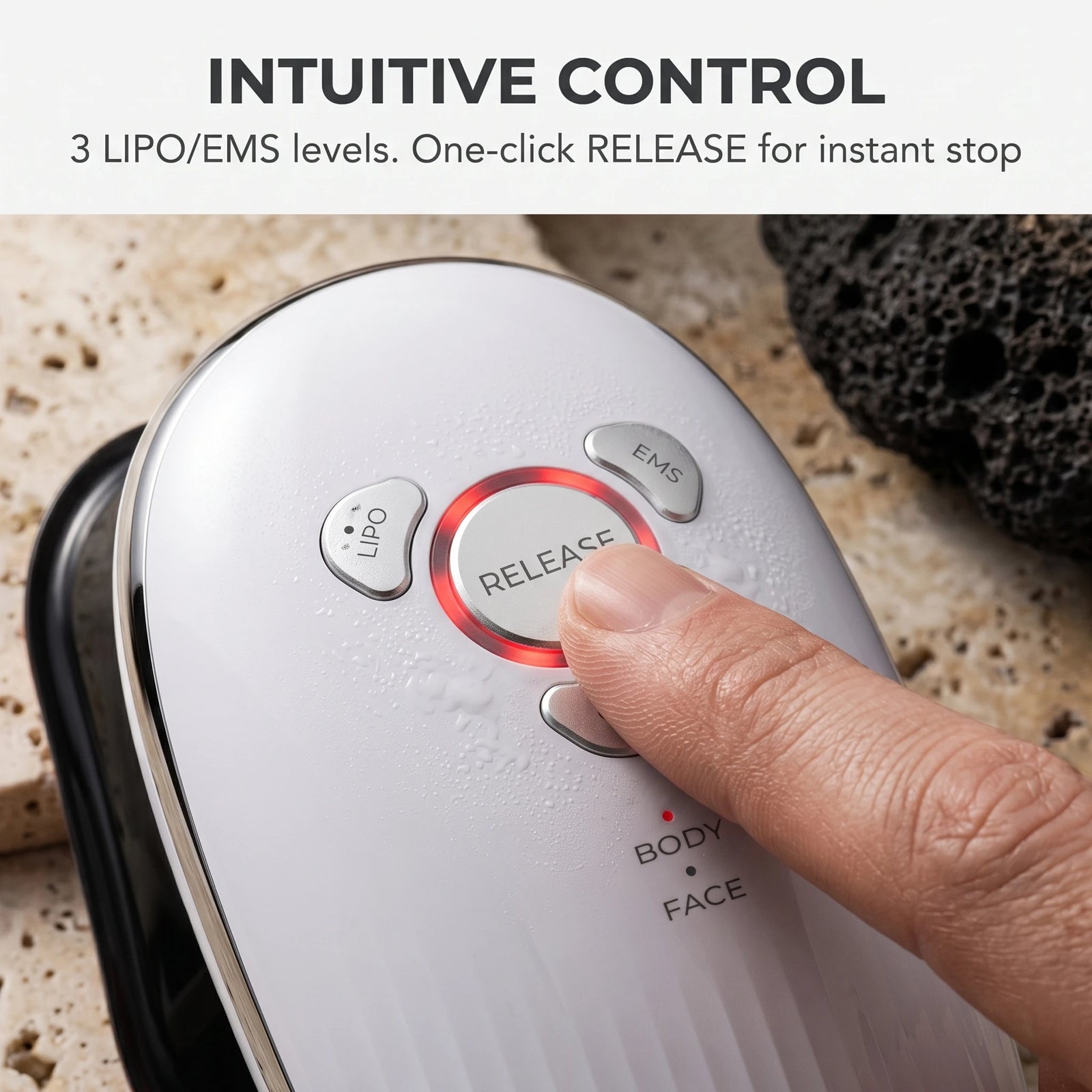 Intuitive LED control panel of the cellulite reduction machine featuring 3 adjustable LIPO and EMS intensity levels.
