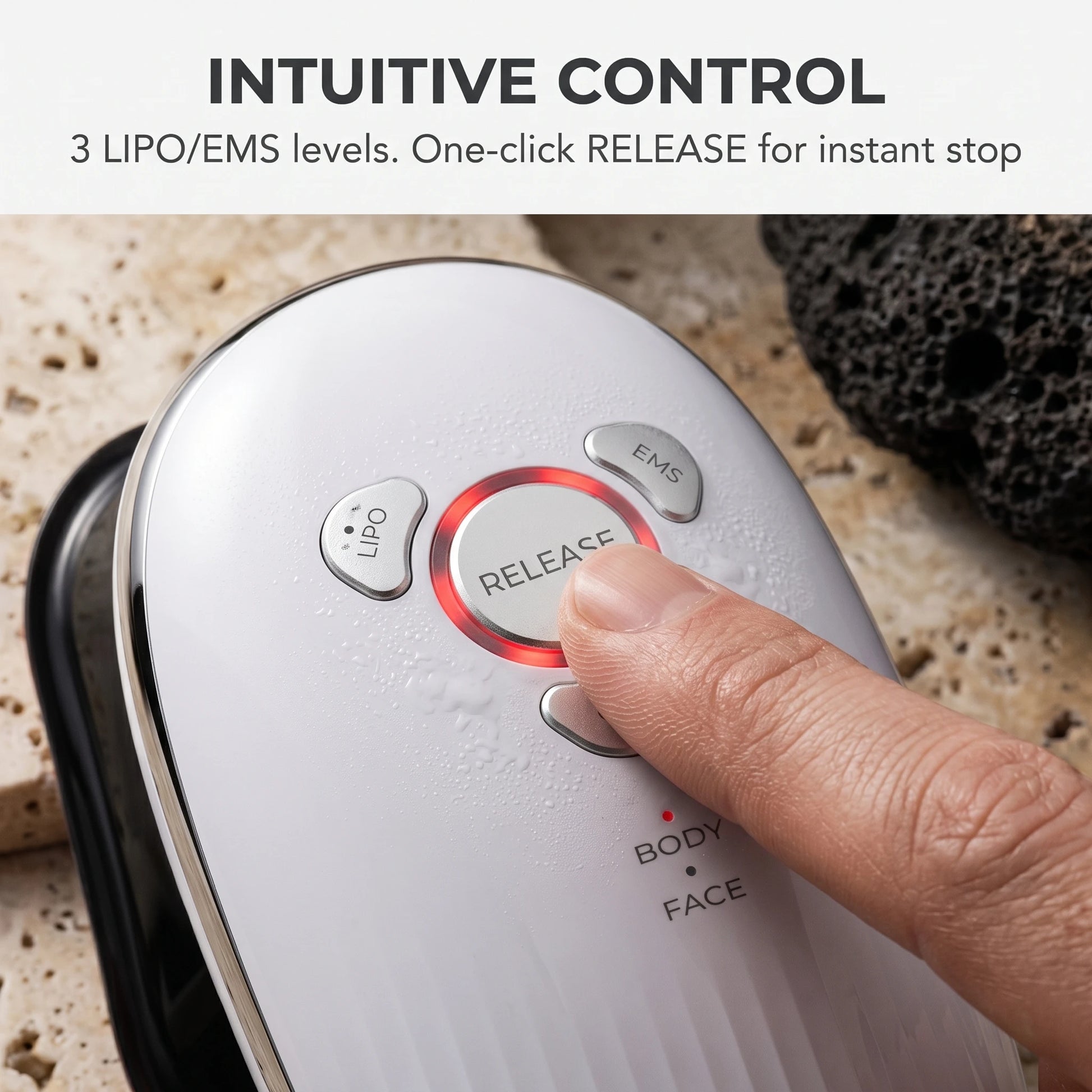 Intuitive LED control panel of the cellulite reduction machine featuring 3 adjustable LIPO and EMS intensity levels.