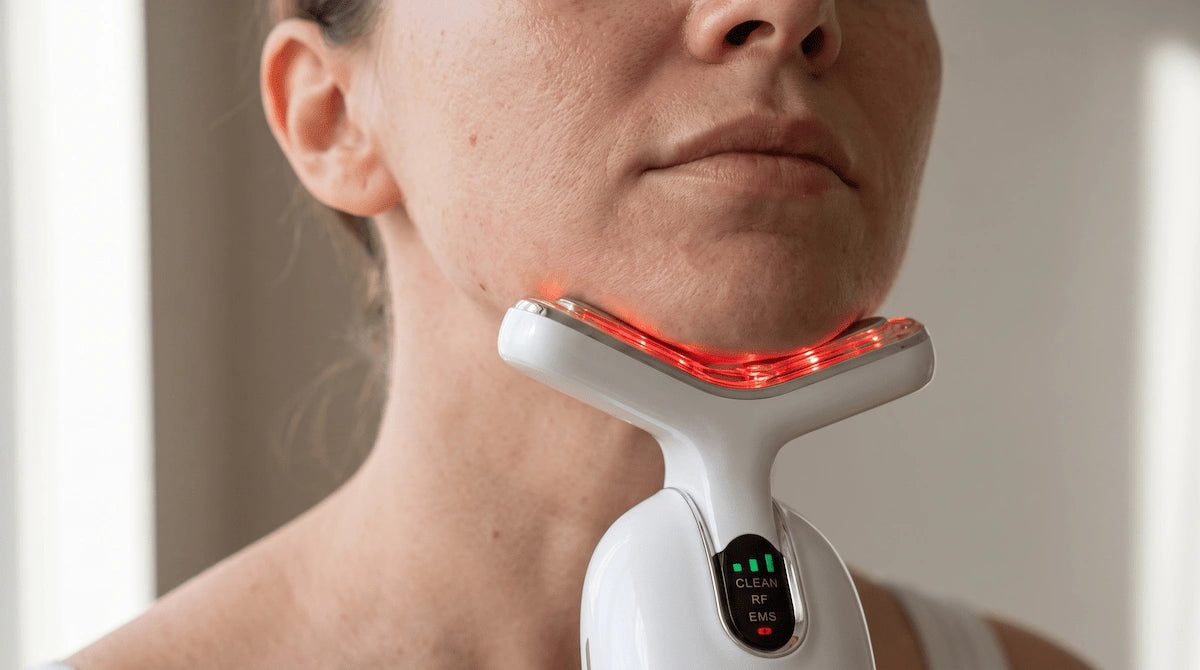 Woman using an RF skin device precisely on her jawline to target both face and neck.