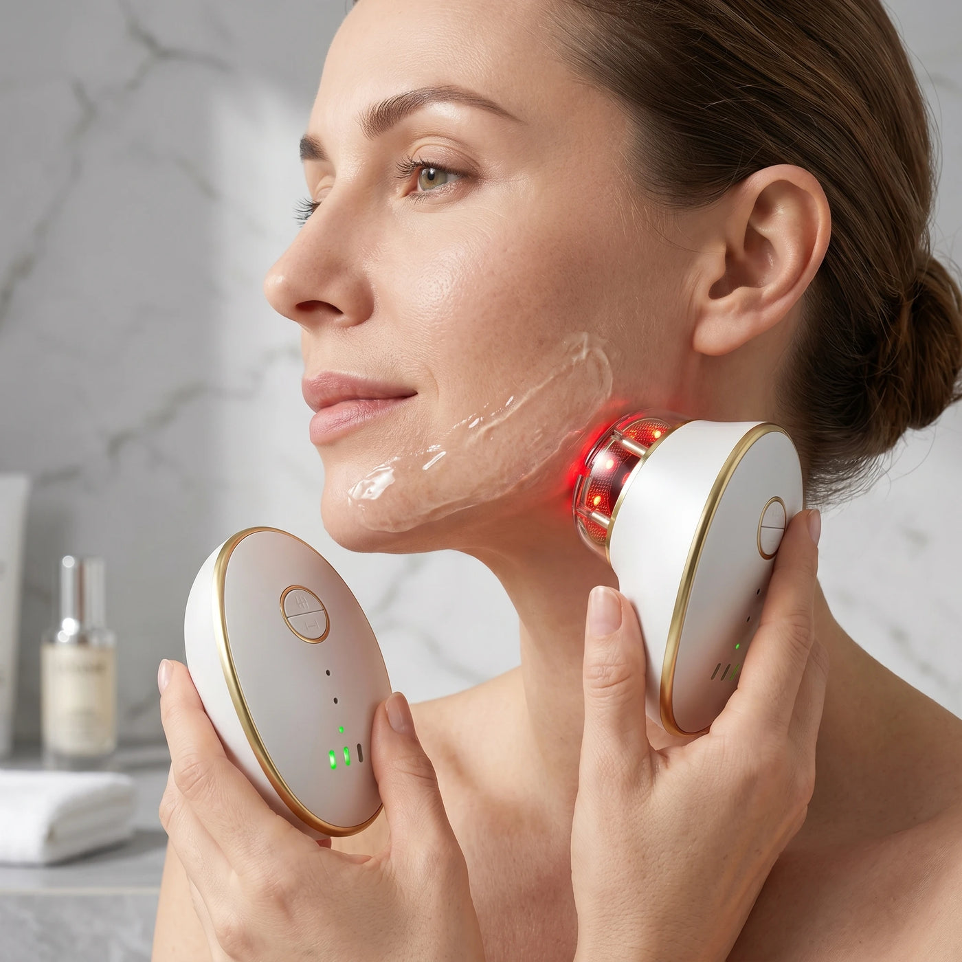 A sophisticated woman utilizing an electric suction cupping tool for face lifting on unretouched skin, demonstrating a friction-free facial gua sha alternative.