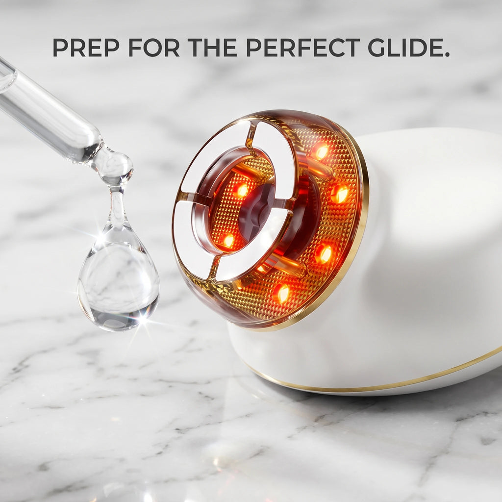 A crystal clear water-based serum droplet next to the electric facial gua sha tool, essential for prepping the skin before using the face lifting machine.