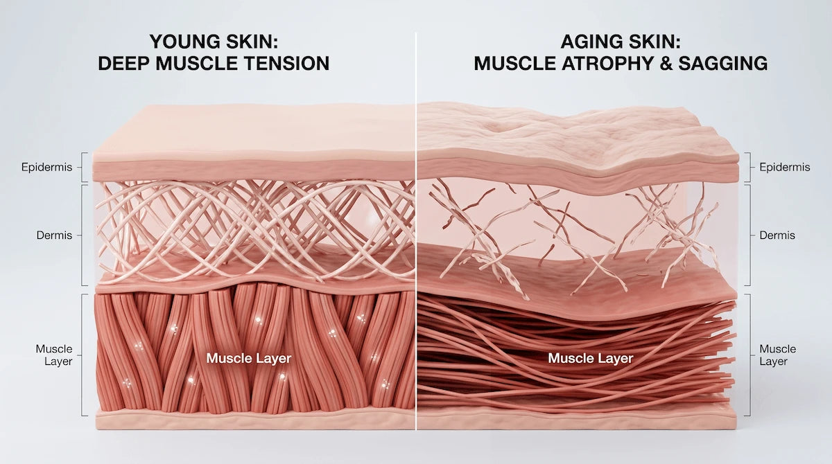 Cross-section diagram showing the difference between firm and atrophied facial muscle layers over time.