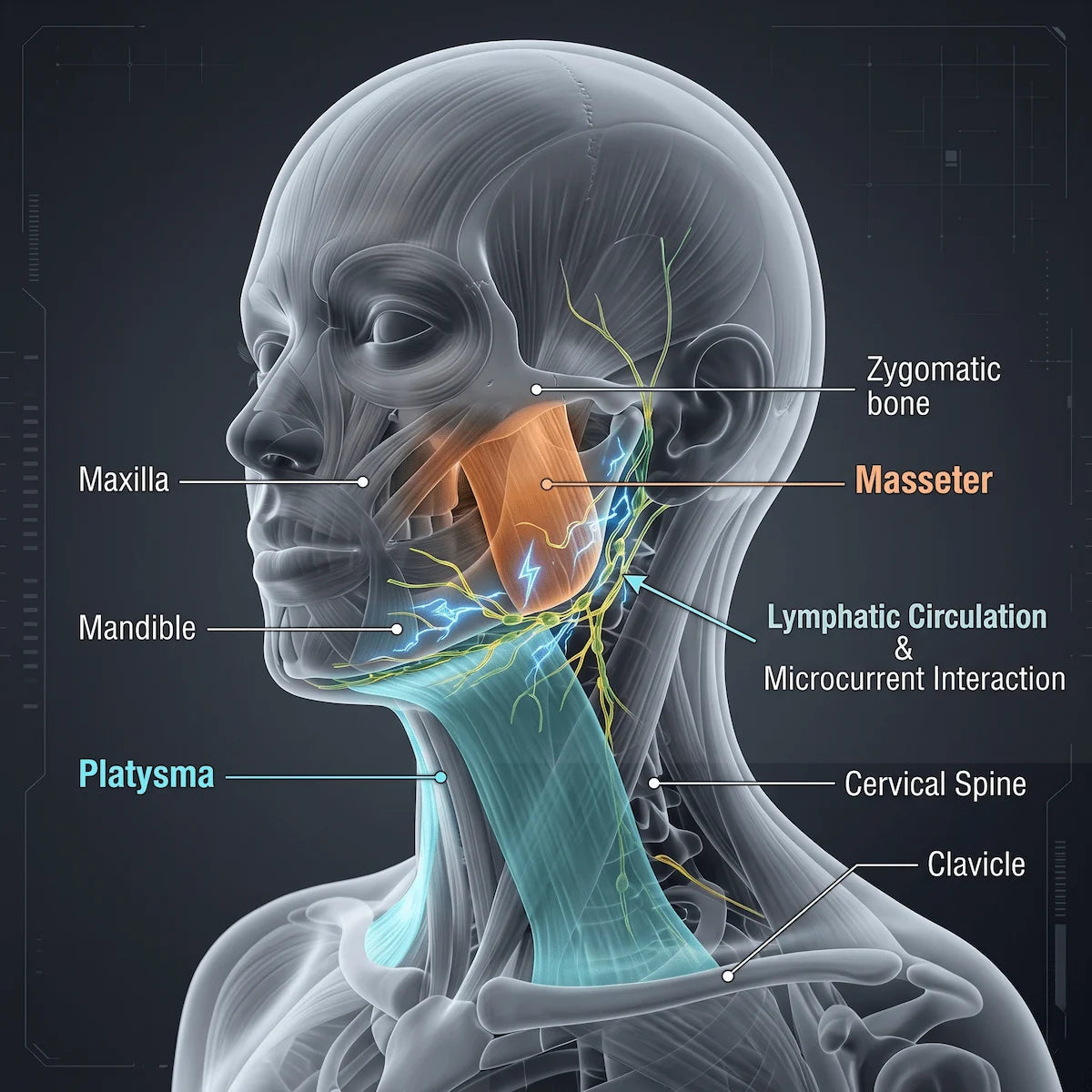 3D anatomical diagram showing the platysma and masseter muscles responsible for jawline sagging and facial contour loss.