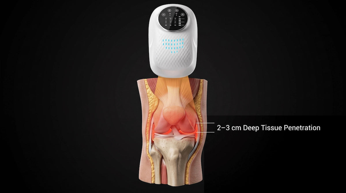 Visual representation of far-infrared heat from a knee massager penetrating 2 to 3 centimeters into the joint capsule.