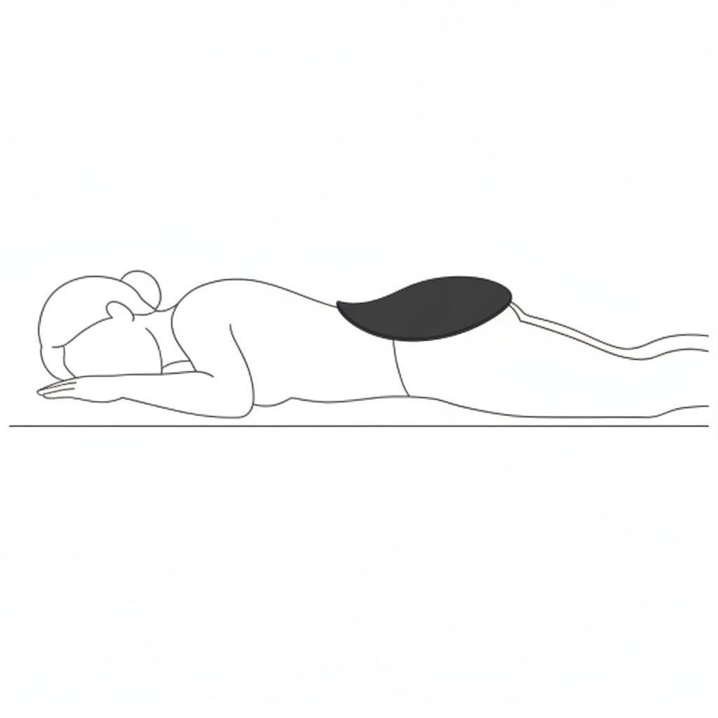 Person lying prone with the flexible LED light therapy wrap secured around the lower back and waistline using extension straps.