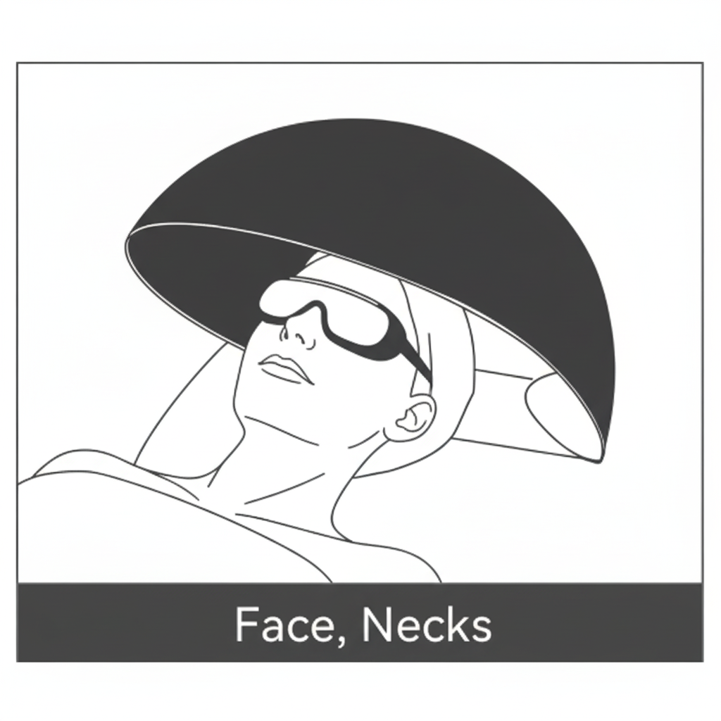 Woman wearing protective goggles with the flexible LED light therapy wrap arched over the face and neck for non-thermal phototherapy.