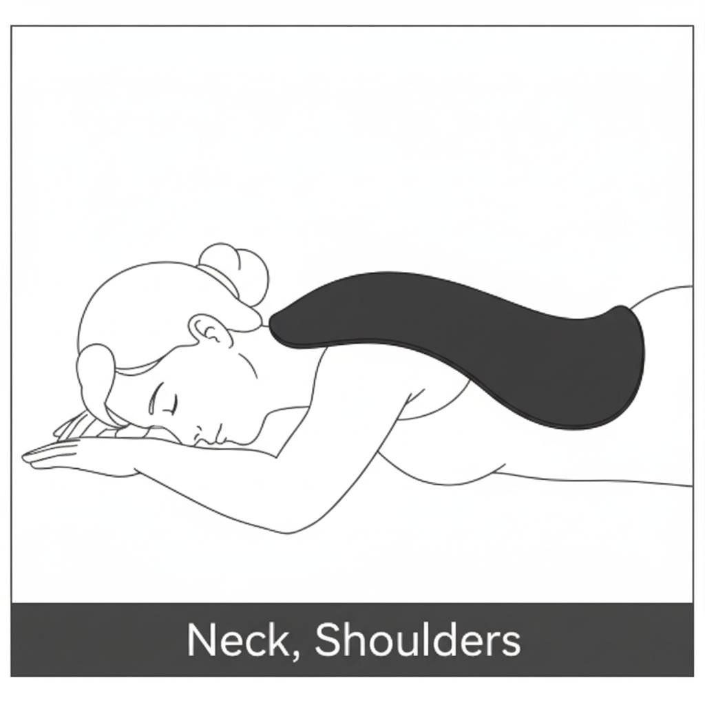 Flexible LED light therapy wrap contoured lengthwise over the back of the neck and shoulders for targeted shoulder therapy.