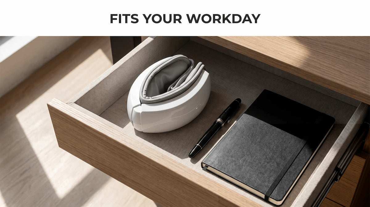 Folded smart eye massager neatly stored inside a minimalist office desk drawer.