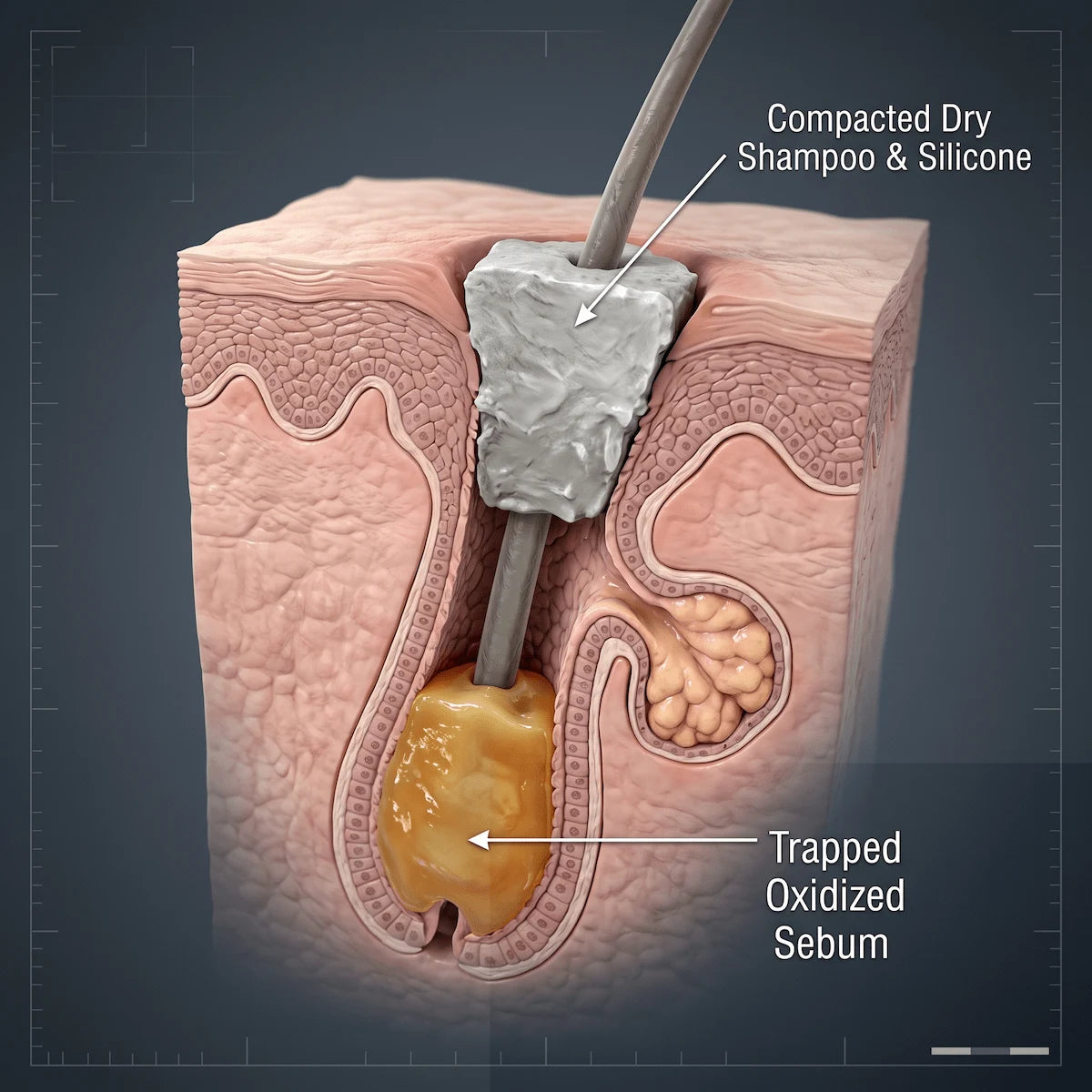 3D illustration of a hair follicle infundibulum blocked by dry shampoo, silicone residue, and trapped oxidized sebum.