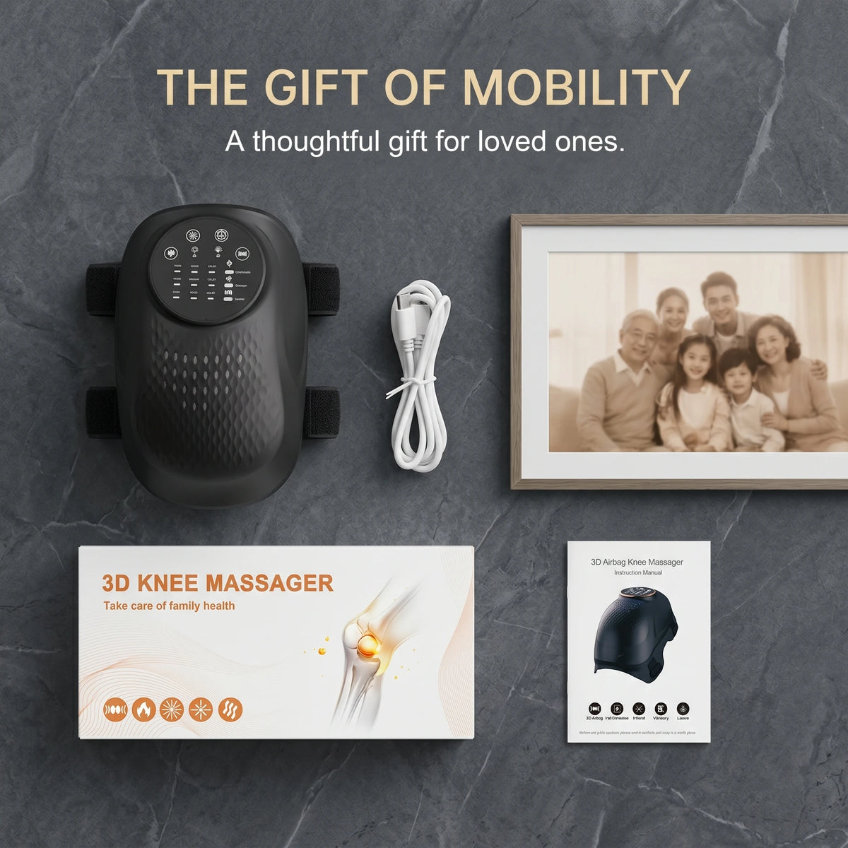 Flat lay unboxing of the fsa eligible knee massager for joint pain, making it one of the best tech gifts for parents with knee pain.