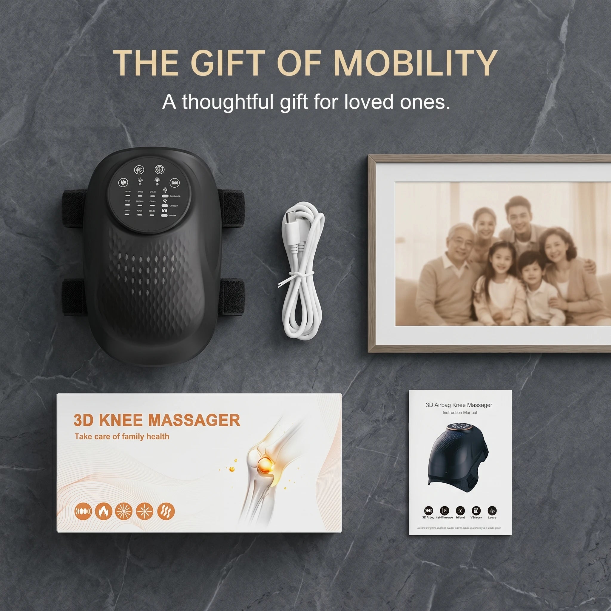 Flat lay unboxing of the fsa eligible knee massager for joint pain, making it one of the best tech gifts for parents with knee pain.