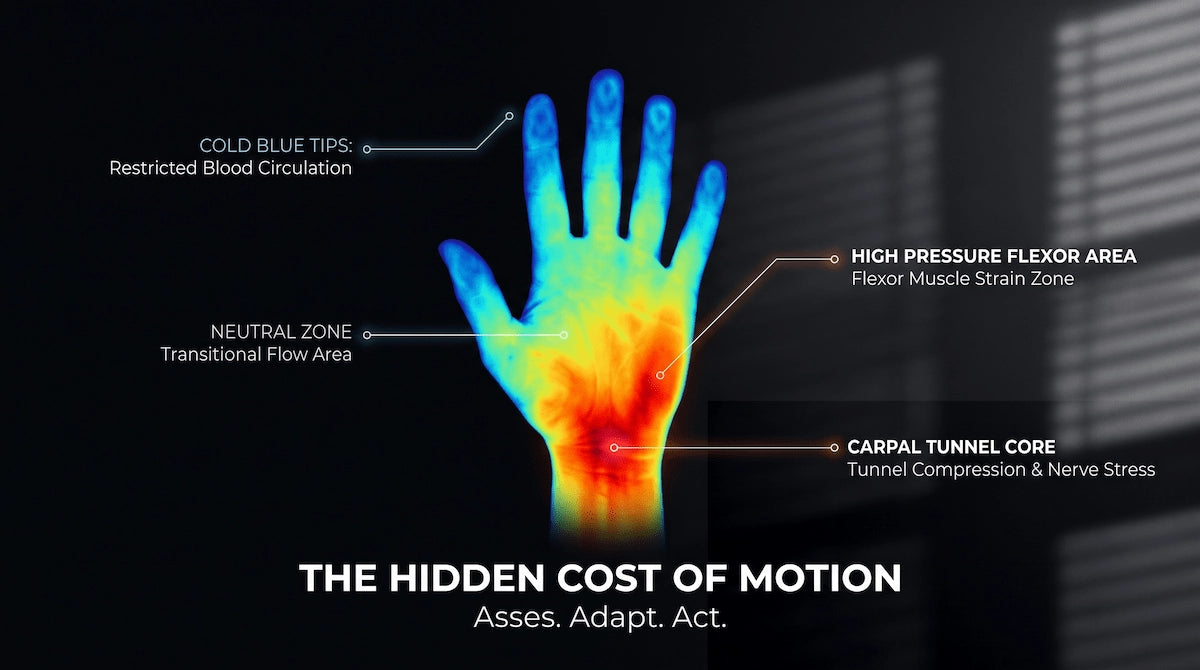 Heatmap diagram showing lactic acid buildup and nerve compression from high APM gaming.