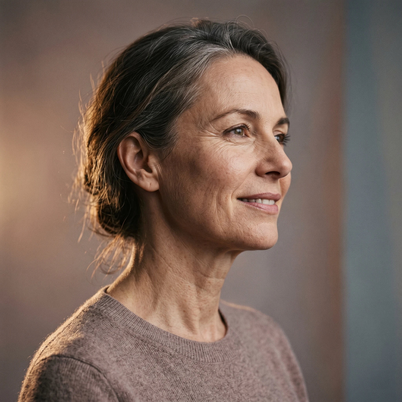 A confident mature woman displaying natural neck and jawline texture, representing the search for how to get rid of double chin fast at home without invasive surgery.