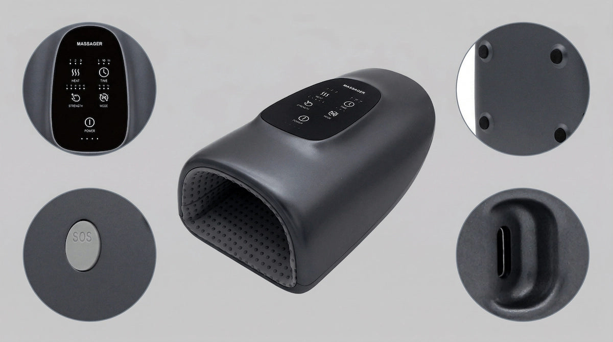 Elevaure hand massager in graphite gray shown from multiple angles including control panel, charging port, and breathable interior