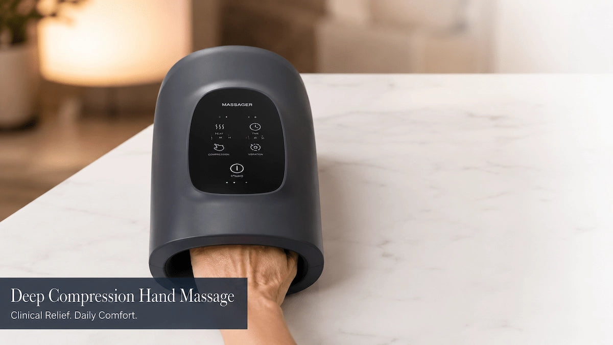 Hand inserted into graphite Elevaure massager resting on a marble desk surface, control panel visible showing heat and compression settings