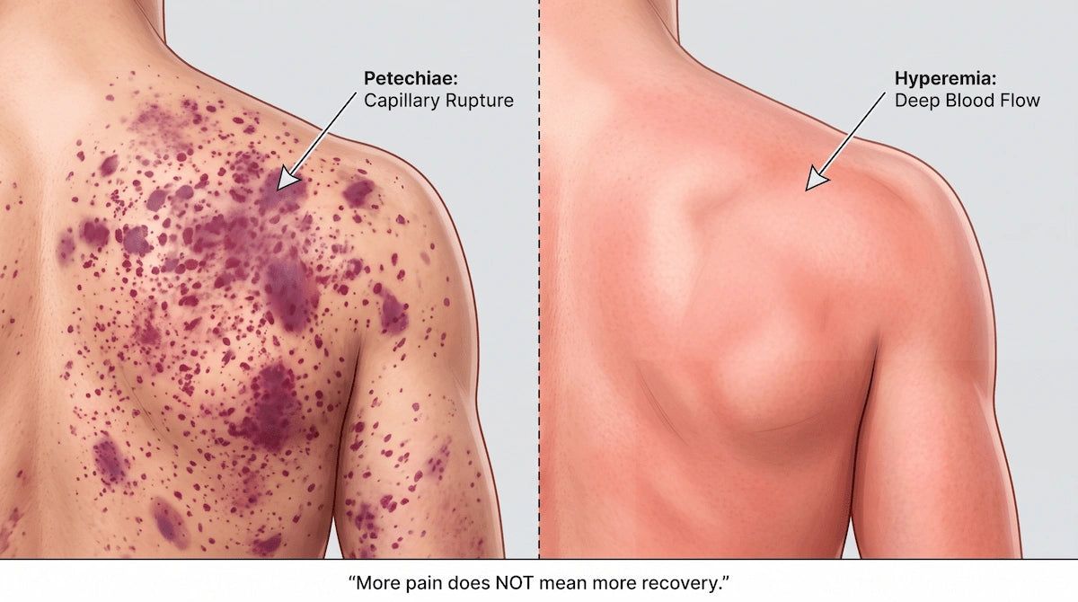 Medical illustration showing tissue damage from traditional gua sha versus healthy blood flow from electric IASTM scraping.