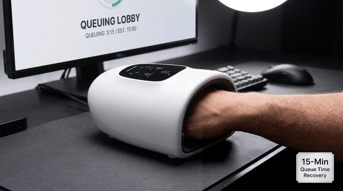 Elevaure hand massager used by gamer for recovery between ranked matches.
