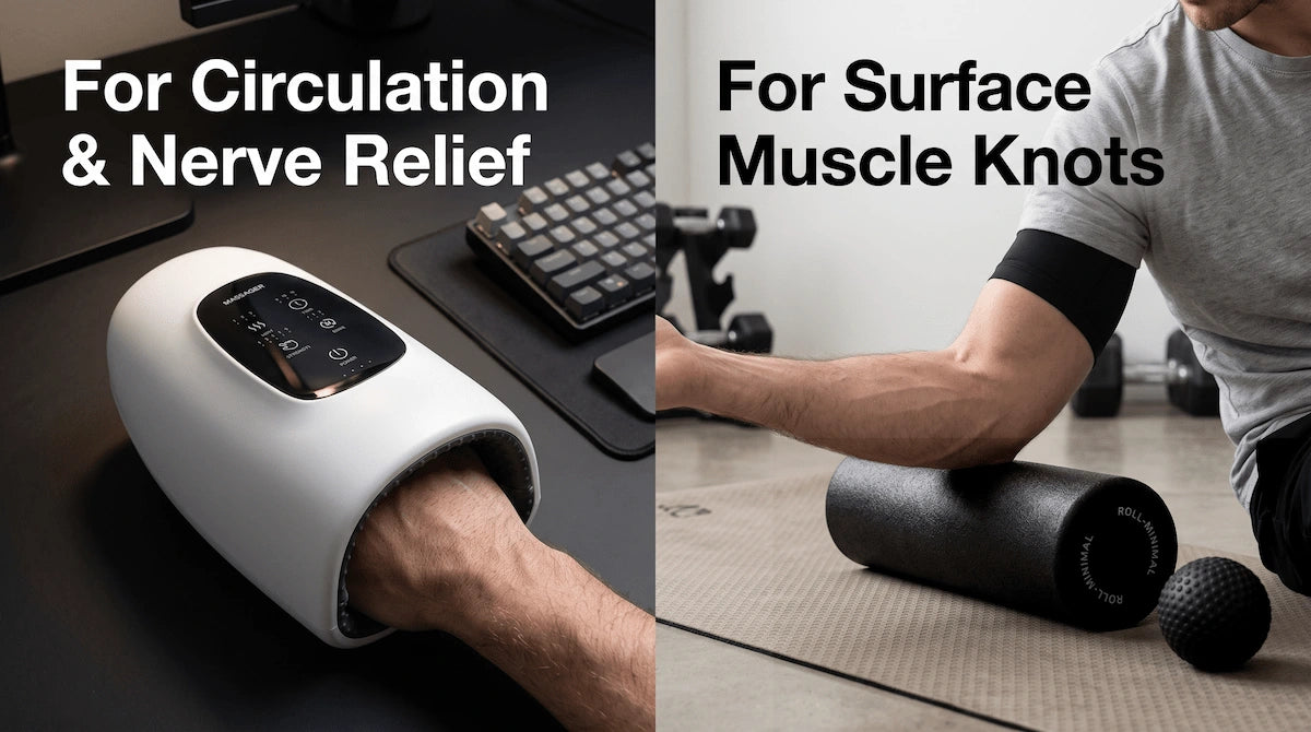 Use cases for air compression hand therapy vs mechanical rolling for muscle knots.