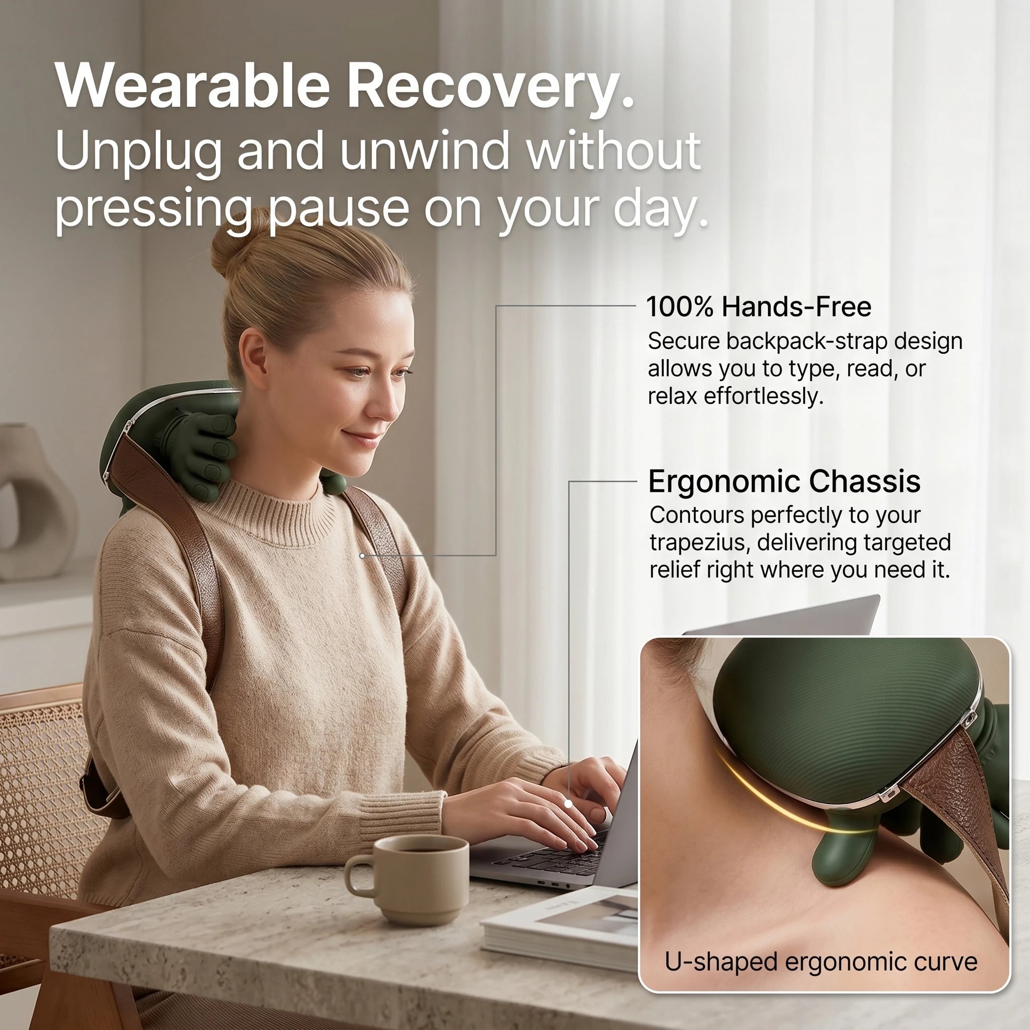 Woman working on a laptop while wearing the hands-free ELEVAURE neck massager, featuring a close-up of the U-shaped ergonomic curve.