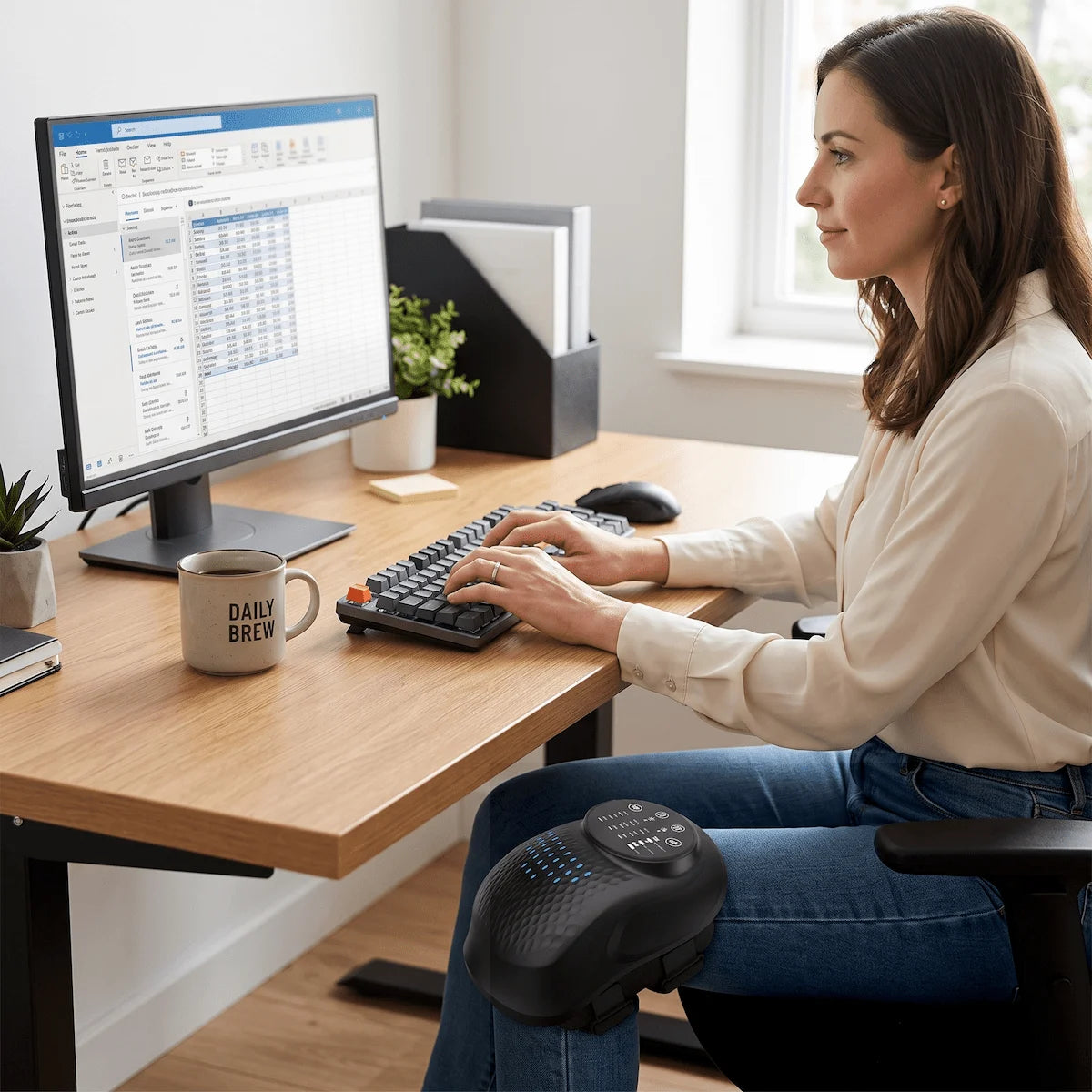 Professional working at a home office desk while wearing an automatic heated knee massager for hands-free joint recovery.