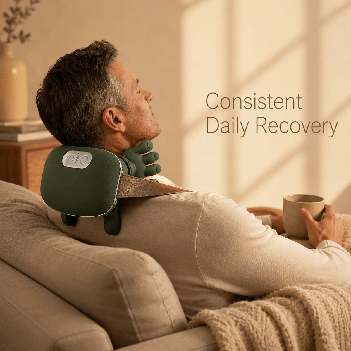 Relaxed woman reading a book on a sofa while effortlessly wearing a hands-free neck massager for consistent daily recovery.