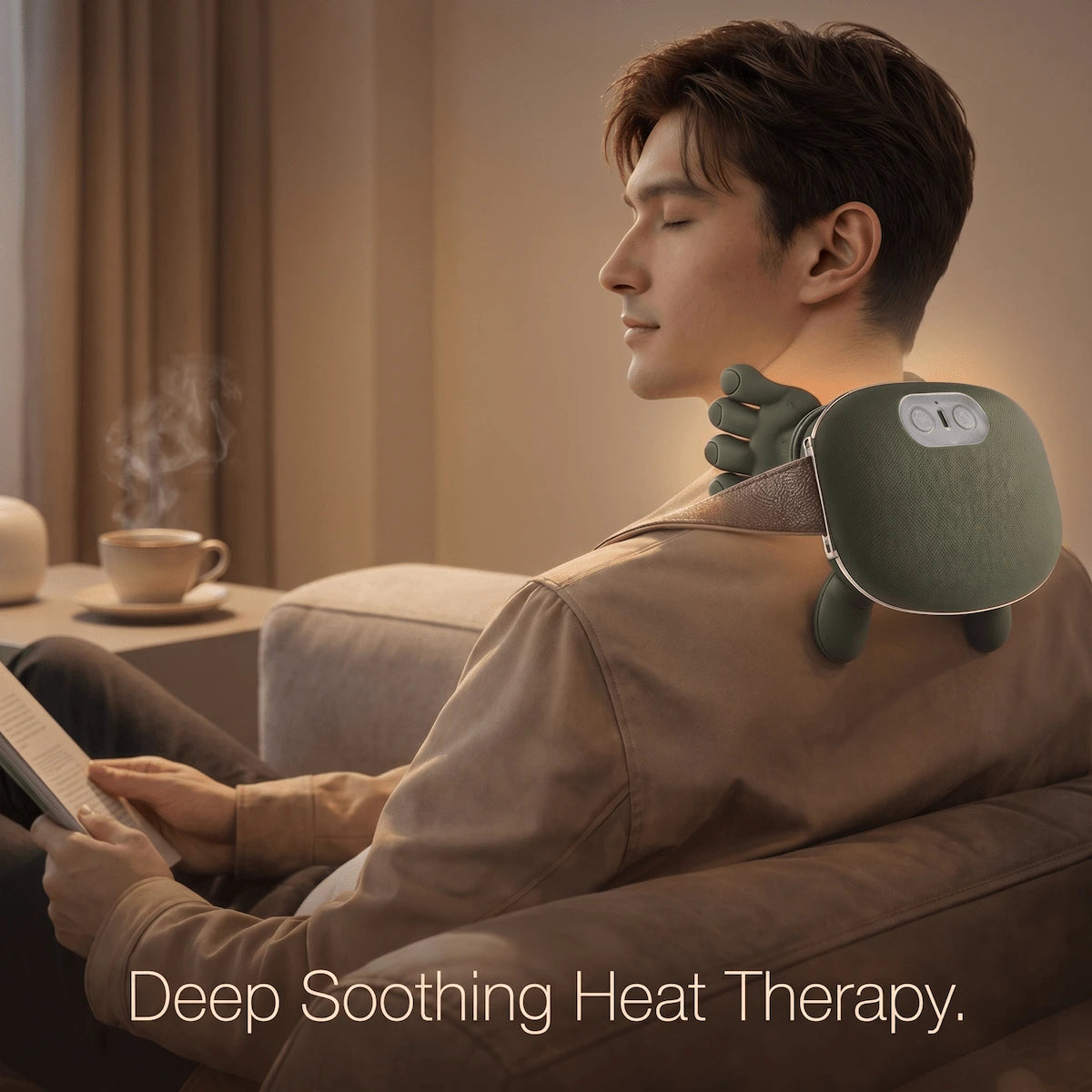 Hands-free wearable neck massager with heat in use during desk work — the most practical wellness gift for remote workers and office professionals.