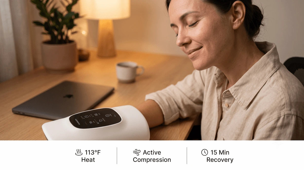 Using Elevaure heated air compression hand massager at office desk for carpal tunnel relief.