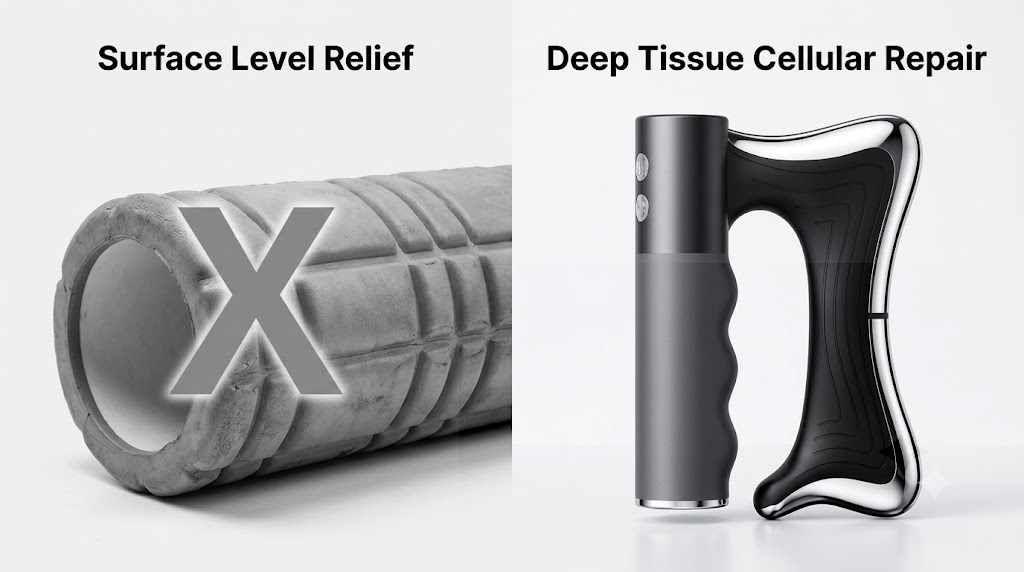 Comparison between a traditional foam roller and the Elevaure smart heated muscle scraper for deep tissue release.