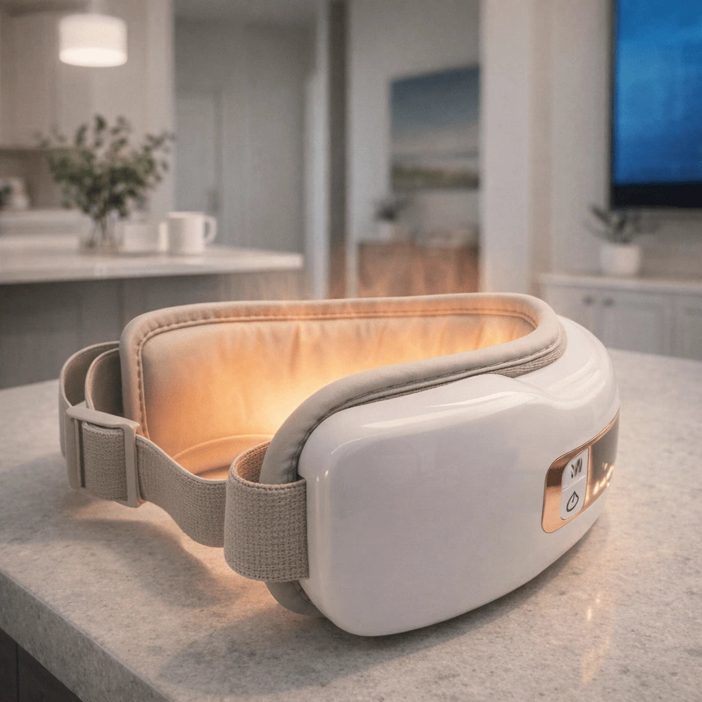 Thermal imaging style graphic showing gentle far infrared heat waves penetrating the eye and temple area from the massager.
