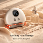 Heated face massager boosting serum absorption — thermal heat at 98.6–122°F opens pores for deeper penetration