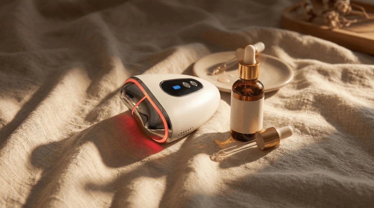 ELEVAURE facial massager in a serene spa-inspired home setup with warm ambient lighting.