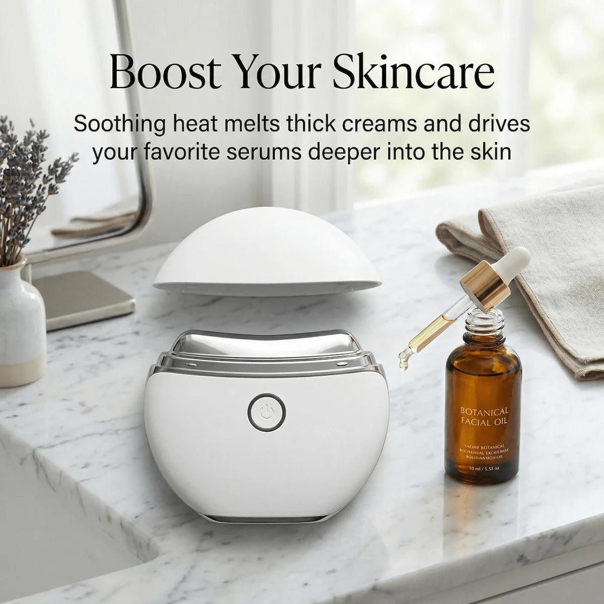 Applying serum before REVITALIZE™ electric gua sha session — correct preparation for maximum microcurrent conductivity and heat absorption results.