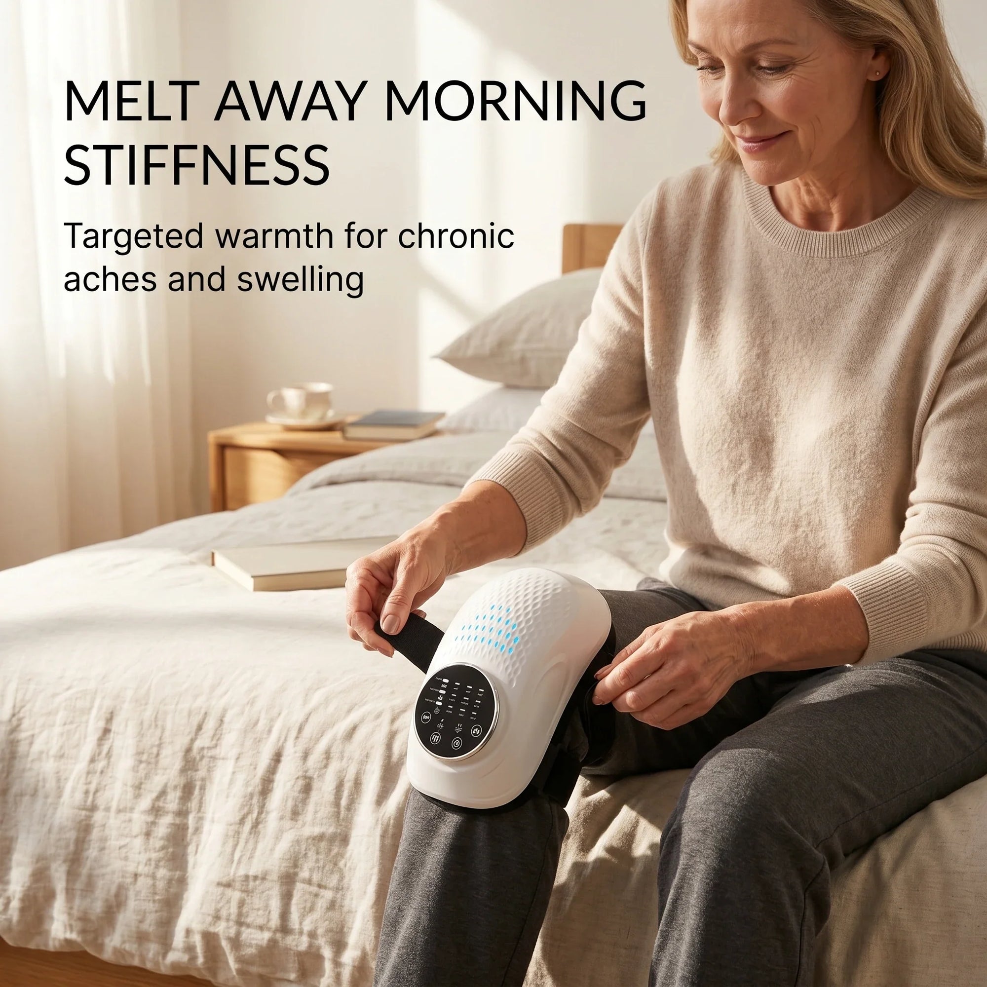 Person using the ELEVAURE heated knee massager at home in the morning with adjustable heat settings.
