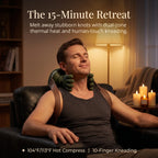 Man relaxing in a dark room with candles, experiencing deep tissue shiatsu and hot compress therapy from the ELEVAURE neck massager.