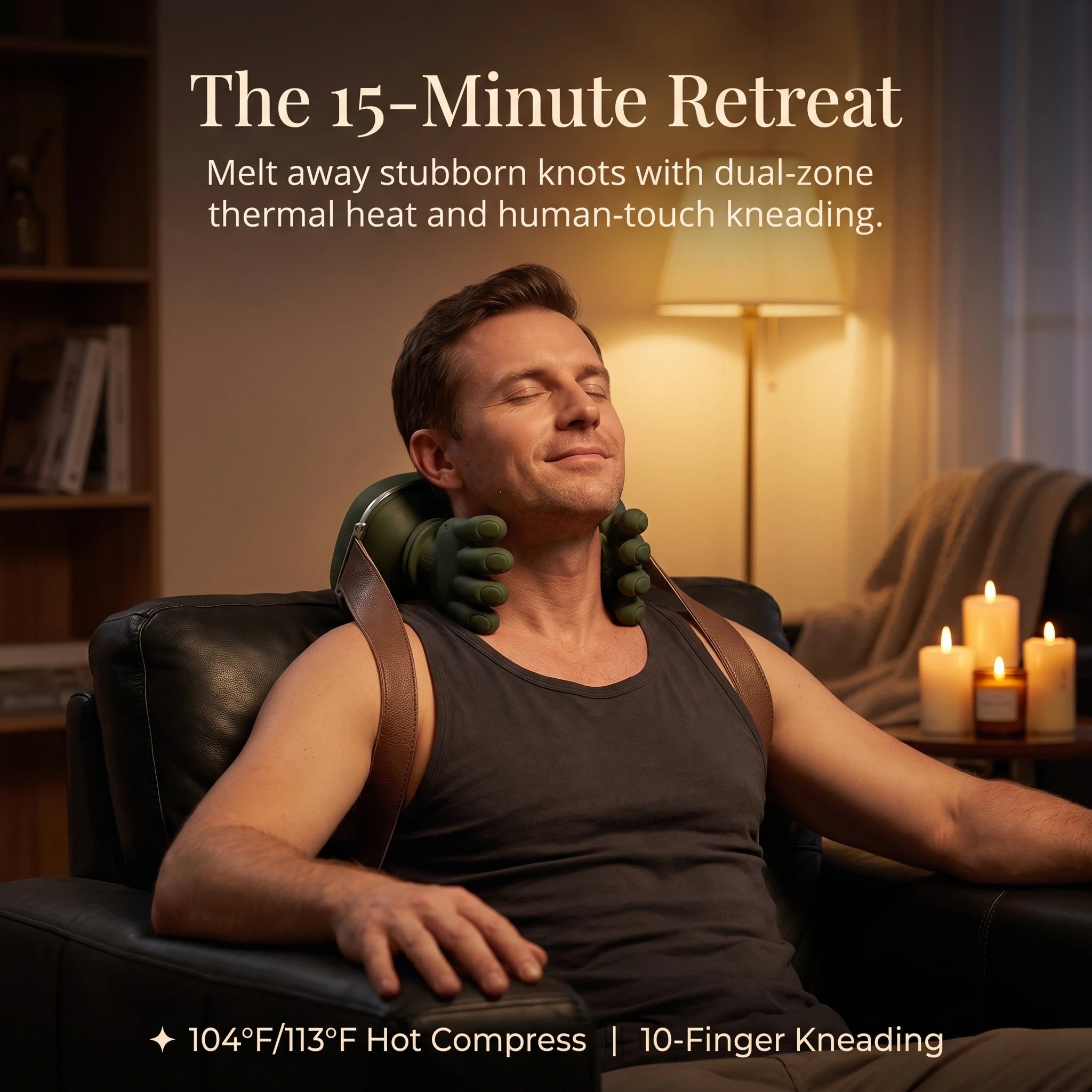 Man relaxing in a dark room with candles, experiencing deep tissue shiatsu and hot compress therapy from the ELEVAURE neck massager.