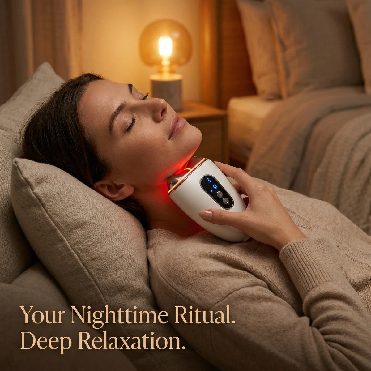 Woman relaxing on a sofa using the thermal red light mode of the ELEVAURE sculptor on her neck.