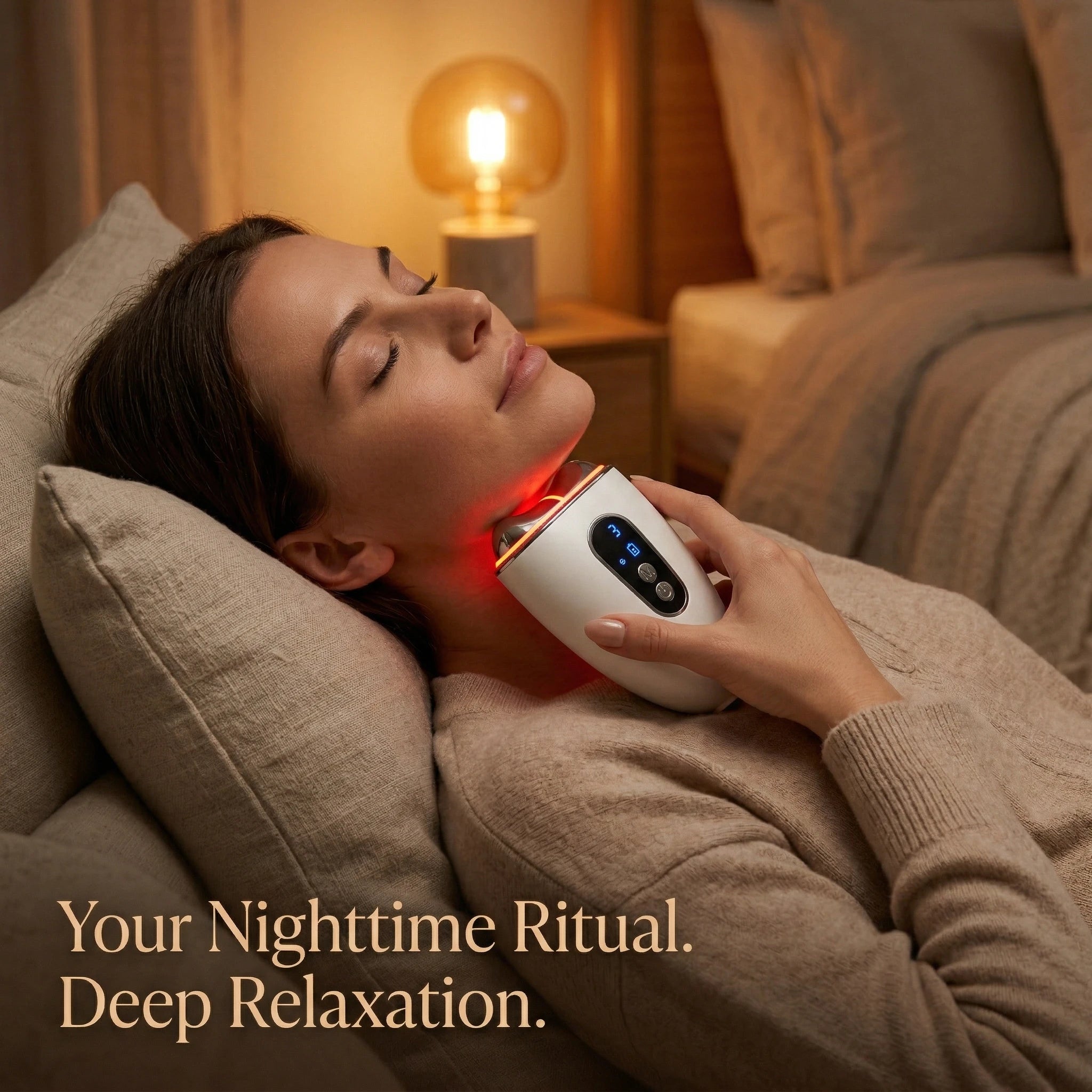Woman relaxing on a sofa using the thermal red light mode of the Elevaure sculptor on her neck.
