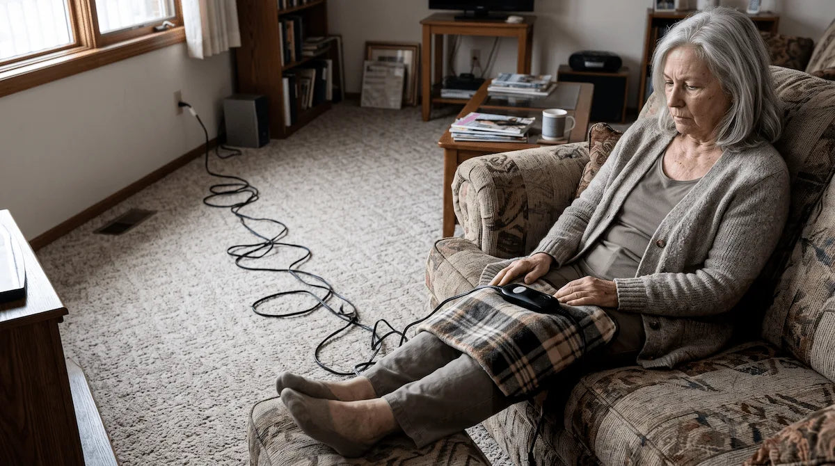 Elderly woman using a corded heating pad, highlighting the trip hazard and lack of mobility.