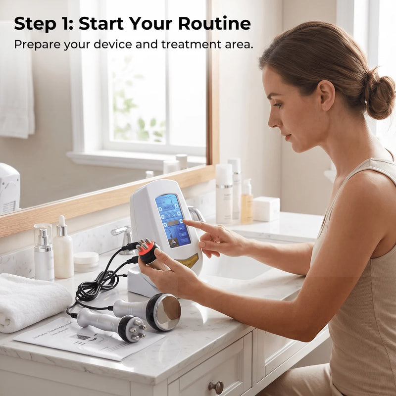 woman preparing a 3 in 1 cavitation and RF beauty device at home