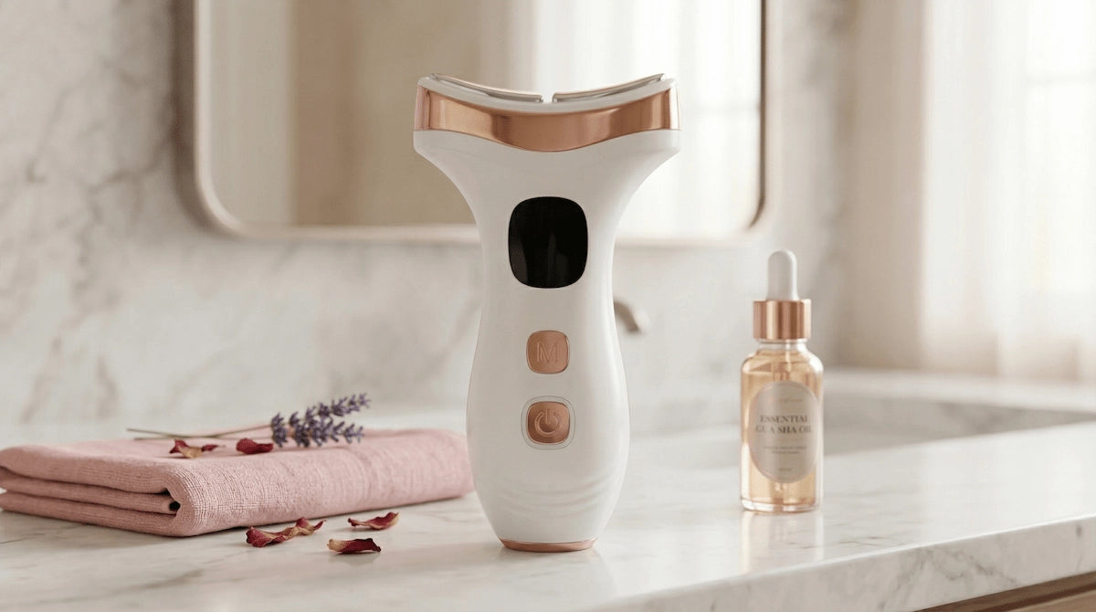 Elevaure 7-in-1 hot and cold face massager resting on a marble bathroom vanity next to gua sha facial oil and a pink towel.