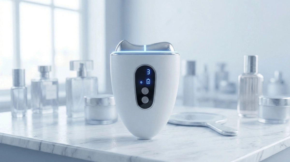 Side-by-side comparison of the ELEVAURE hot and cold facial sculptor temperature modes.