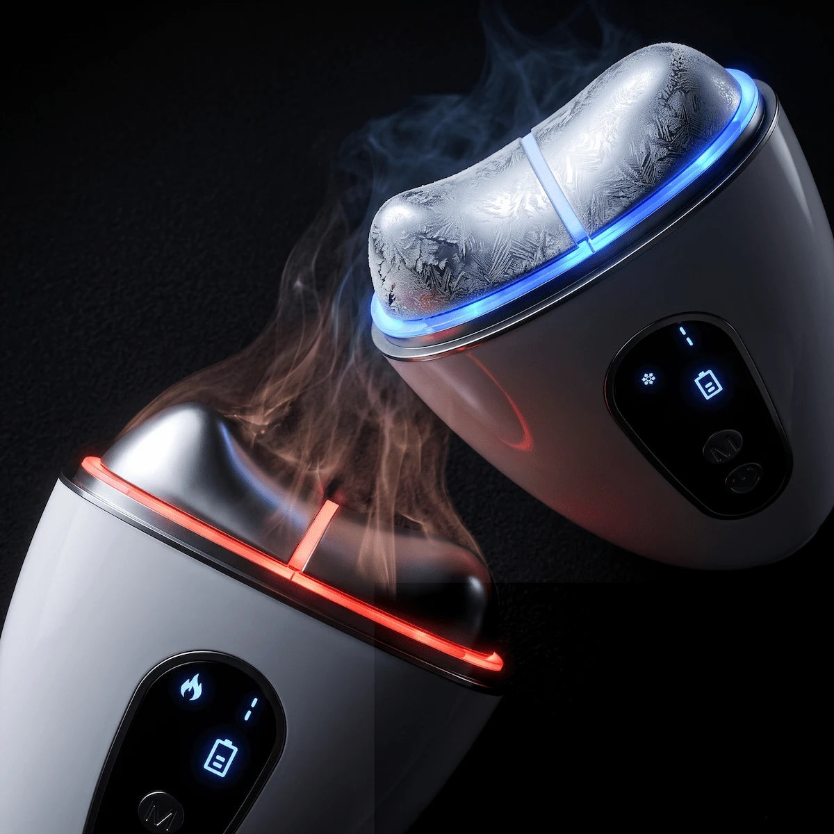 Close-up of the Elevaure facial device showcasing its hot compress with red LED and ice cooling mode with blue LED.